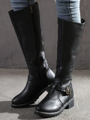 Classic Knee High Faux Leather Riding Boots with Side Zipper and Buckle - Image 5
