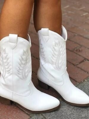 Classic Mid-Calf Embroidered Faux Leather Cowboy Boots - Image 1