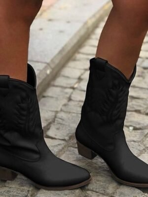 Classic Mid-Calf Embroidered Faux Leather Cowboy Boots - Image 5