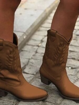 Classic Mid-Calf Embroidered Faux Leather Cowboy Boots - Image 7