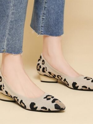Classic Plus Size Leopard Pointed Toe Sculptural Heel Knit Loafers - Image 2