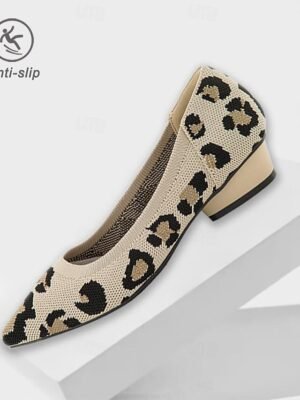 Classic Plus Size Leopard Pointed Toe Sculptural Heel Knit Loafers - Image 4