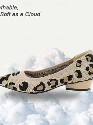 Classic Plus Size Leopard Pointed Toe Sculptural Heel Knit Loafers - Image 5