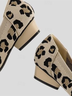 Classic Plus Size Leopard Pointed Toe Sculptural Heel Knit Loafers - Image 6