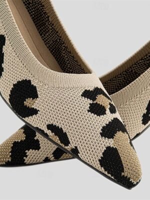 Classic Plus Size Leopard Pointed Toe Sculptural Heel Knit Loafers - Image 7