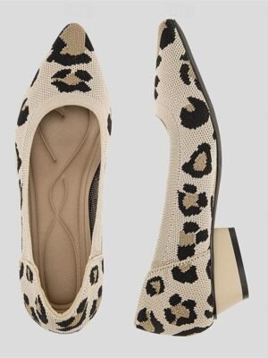 Classic Plus Size Leopard Pointed Toe Sculptural Heel Knit Loafers - Image 9