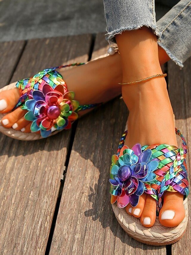 Colourful Bohemian Floral Slip-On Flat Sandals - Image 2
