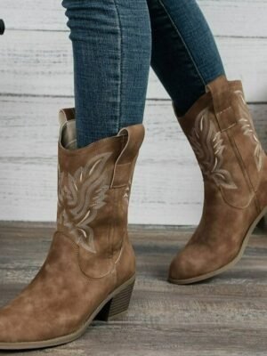 Comfort Round Toe Embroidered Mid-Calf Cowboy Boots - Image 1