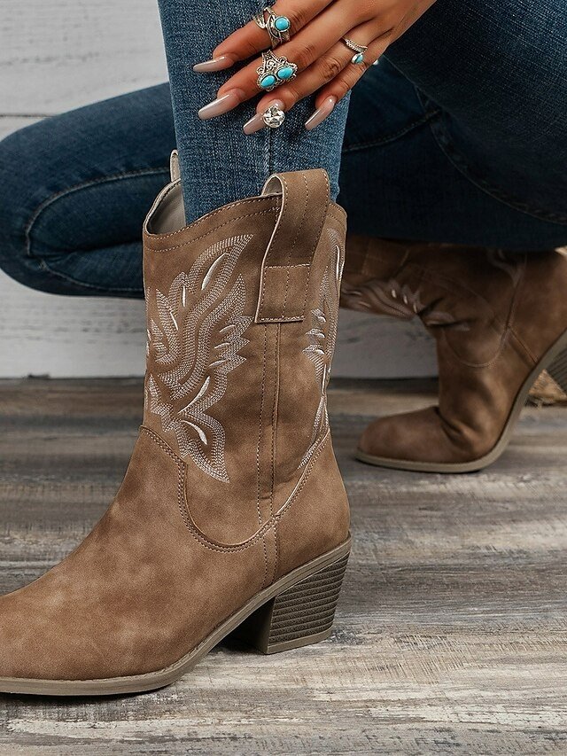 Comfort Round Toe Embroidered Mid-Calf Cowboy Boots - Image 2