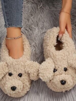 Cute Fleece Dog Face Round Toe Plush Slippers - Image 1