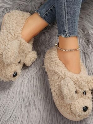 Cute Fleece Dog Face Round Toe Plush Slippers - Image 2