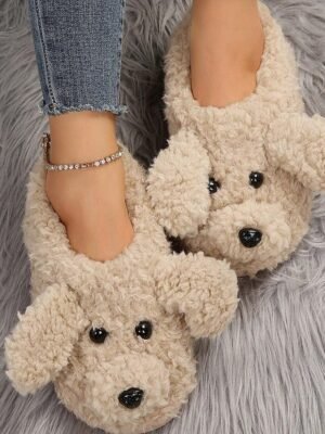Cute Fleece Dog Face Round Toe Plush Slippers - Image 6
