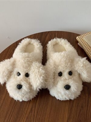 Cute Fleece Dog Face Round Toe Plush Slippers - Image 8