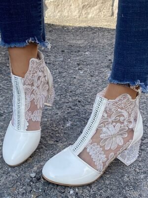 Elegant Ankle Lace Round Toe Chunky Heel Boots - Image 1