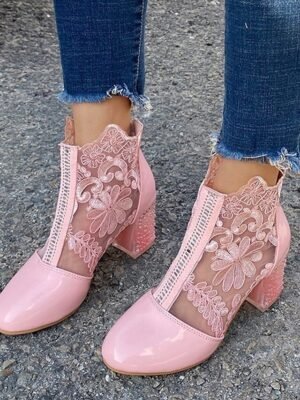 Elegant Ankle Lace Round Toe Chunky Heel Boots - Image 11
