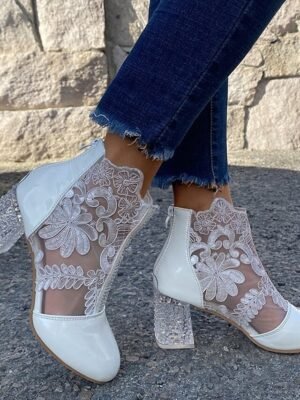 Elegant Ankle Lace Round Toe Chunky Heel Boots - Image 2