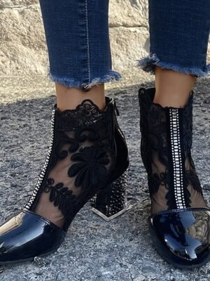 Elegant Ankle Lace Round Toe Chunky Heel Boots - Image 6