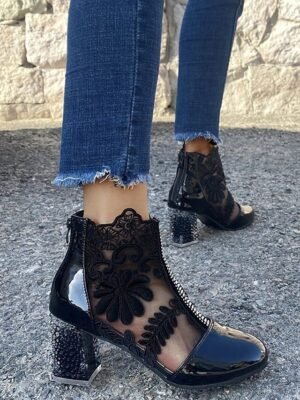 Elegant Ankle Lace Round Toe Chunky Heel Boots - Image 7