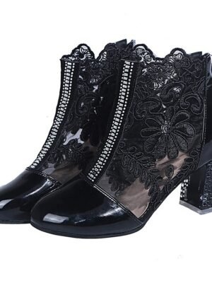 Elegant Ankle Lace Round Toe Chunky Heel Boots - Image 9