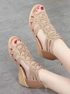 Elegant Beige Cut-Out Wedge Sandals - Image 2