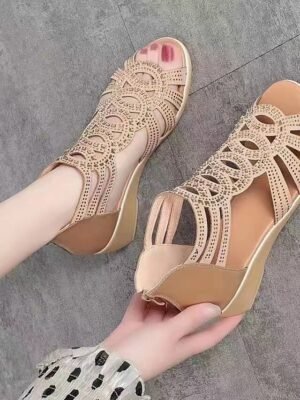 Elegant Beige Cut-Out Wedge Sandals - Image 3