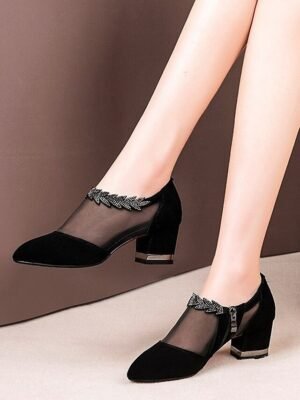 Elegant Black Block Heels with Mesh Panels - Image 4