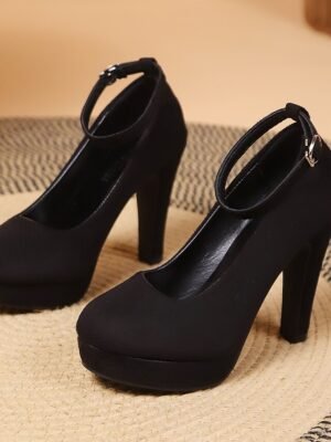 Elegant Black Platform Round Toe Ankle Strap Stiletto Pumps - Image 5
