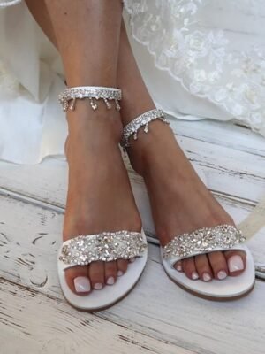 Elegant Bridal Rhinestone Ankle Strap Flat Sandals - Image 4