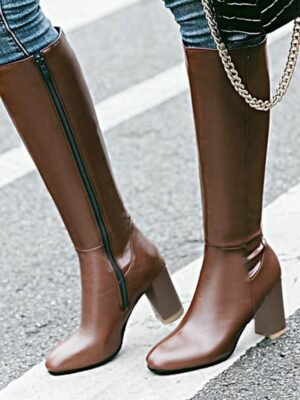Elegant Brown Knee-High Boots with Side Zipper - Image 1