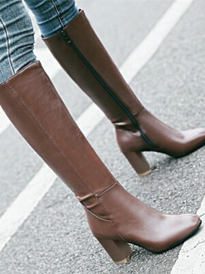 Elegant Brown Knee-High Boots with Side Zipper - Image 2