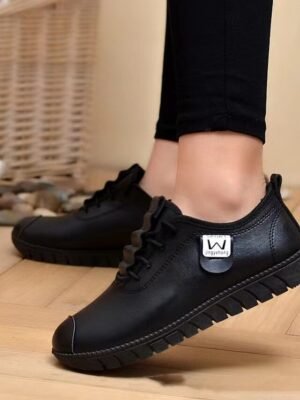 Elegant Casual Flat Heel Round Toe PU Lace-Up Sneakers - Image 6