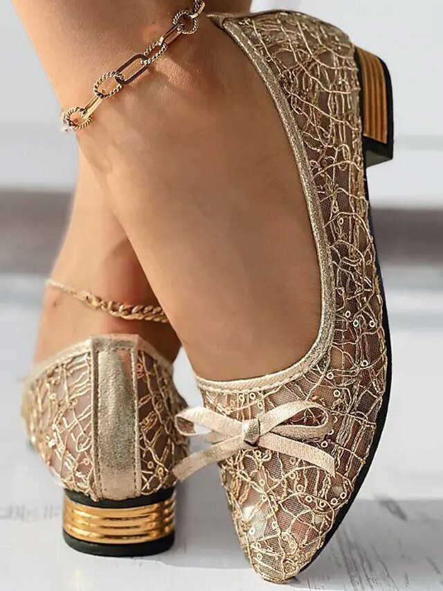 Elegant Casual Plus Size Sparkly Pointed Toe Bowknot Chunky Heel Loafer - Image 1