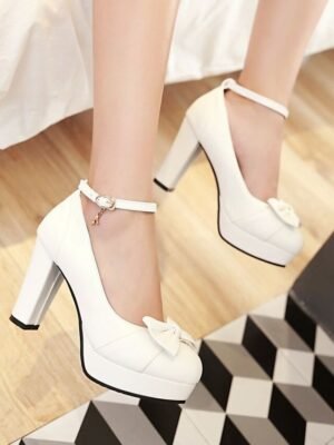 Elegant Chunky Bow Detail Platform Ankle Strap Heels - Image 1