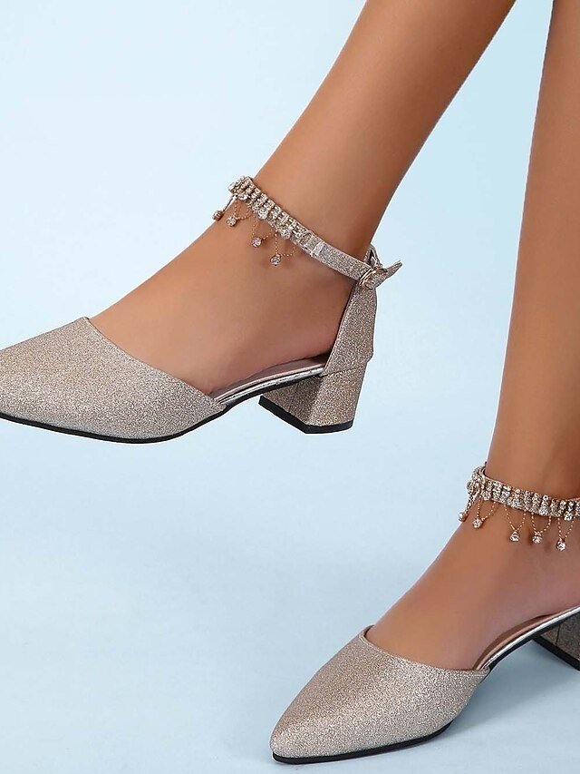 Elegant Chunky Heel Rhinestone Pointed Toe Pumps - Image 2