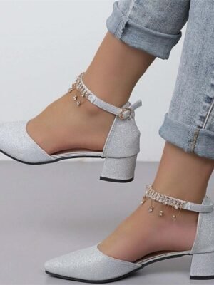 Elegant Chunky Heel Rhinestone Pointed Toe Pumps - Image 8