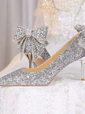 Elegant Classic Silver Glitter Closed Toe Stiletto Pumps - Image 5