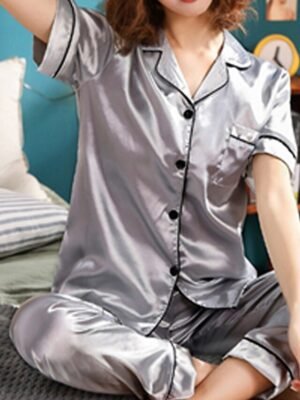 Elegant Comfort Fit Satin Notch Collar Short Sleeve Pajama Set - Image 16