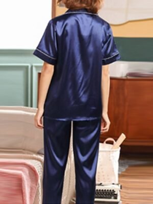 Elegant Comfort Fit Satin Notch Collar Short Sleeve Pajama Set - Image 19