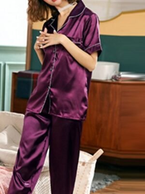 Elegant Comfort Fit Satin Notch Collar Short Sleeve Pajama Set - Image 4