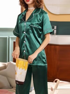 Elegant Comfort Fit Satin Notch Collar Short Sleeve Pajama Set - Image 7