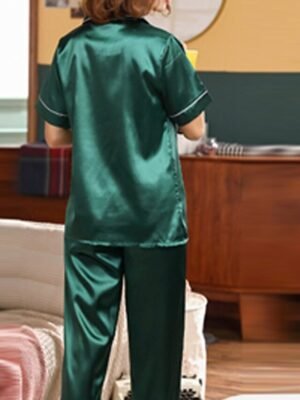 Elegant Comfort Fit Satin Notch Collar Short Sleeve Pajama Set - Image 8