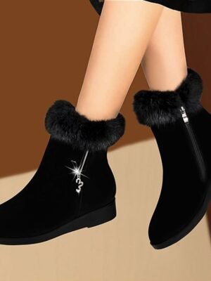 Elegant Comfortable Rhinestone Faux Fur Ankle Snow Boots - Image 3