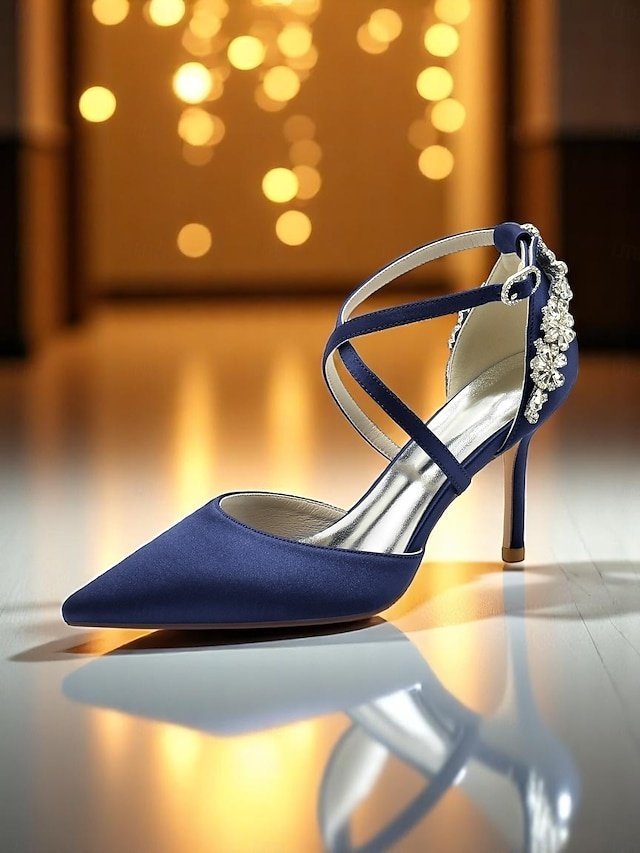 Elegant Crystal Decorated Satin Strappy Heels - Image 1