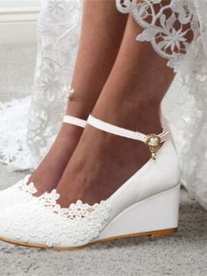 Elegant Floral Embroidery Lace Ankle Strap Wedge Wedding Shoes - Image 1