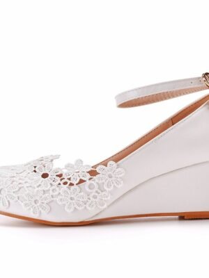 Elegant Floral Embroidery Lace Ankle Strap Wedge Wedding Shoes - Image 2