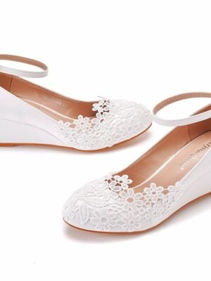 Elegant Floral Embroidery Lace Ankle Strap Wedge Wedding Shoes - Image 5