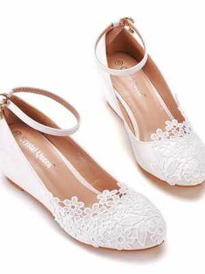 Elegant Floral Embroidery Lace Ankle Strap Wedge Wedding Shoes - Image 6