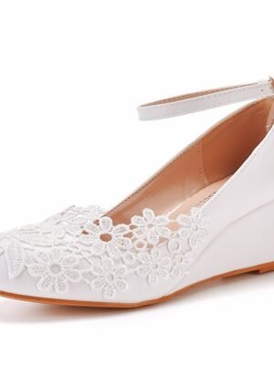 Elegant Floral Embroidery Lace Ankle Strap Wedge Wedding Shoes - Image 7
