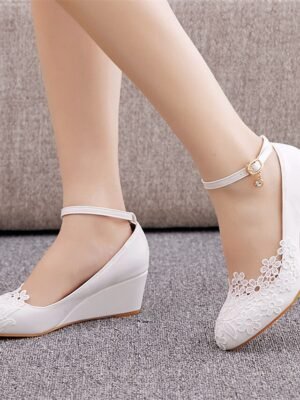 Elegant Floral Embroidery Lace Ankle Strap Wedge Wedding Shoes - Image 9