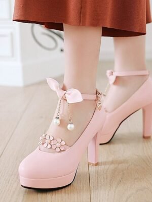 Elegant Floral Platform Round Toe Mary Jane Heels - Image 7